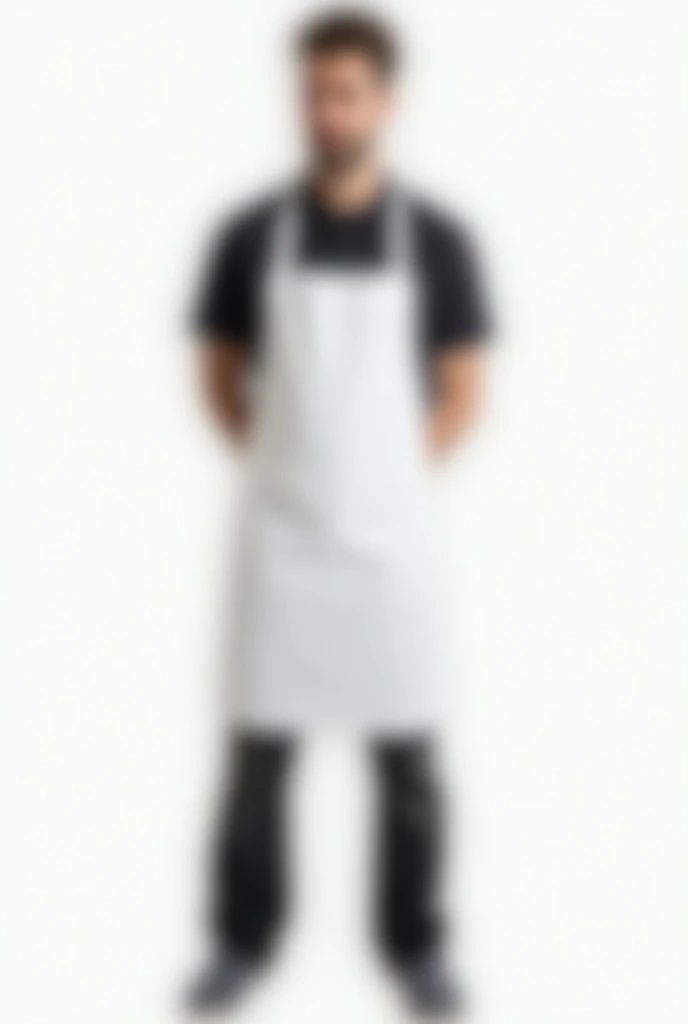  create a simple chef outfit for 3 in high school, Do it in white , for men, Just one make it with an apron  , white background,  and let it be an apron and a black polo shirt with black pants, Do it only one standing just 
, Make it clear}