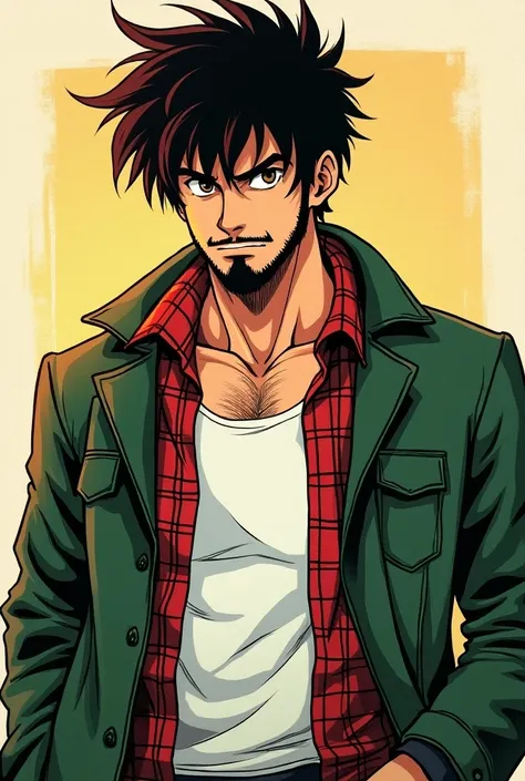  28-year-old male, sturdy physical build ,  half-burnt black hair . Untidy , moustache and goatee  , big nose, round cheeks. thick eyebrows, Brown eyes,  green jacket red plaid shirt, camiseta blanca.  1980s anime drawing style  