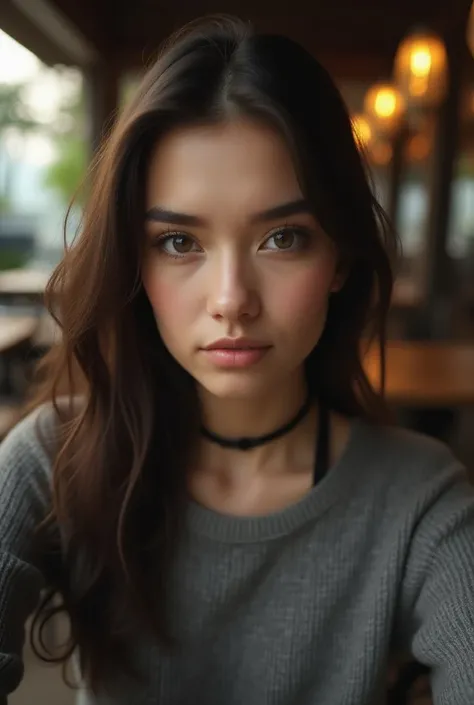  piercing eyes, stare,  long hair , Grey sweater, choker,  Close-up portrait , in an outdoor cafe in 2015, Afternoon light, 