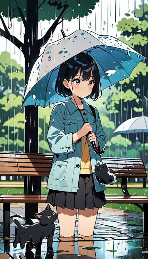  1 girl,  black short hair , umbrella, Find a kitten thats wet and shivering, Park, rain,  paper cut style