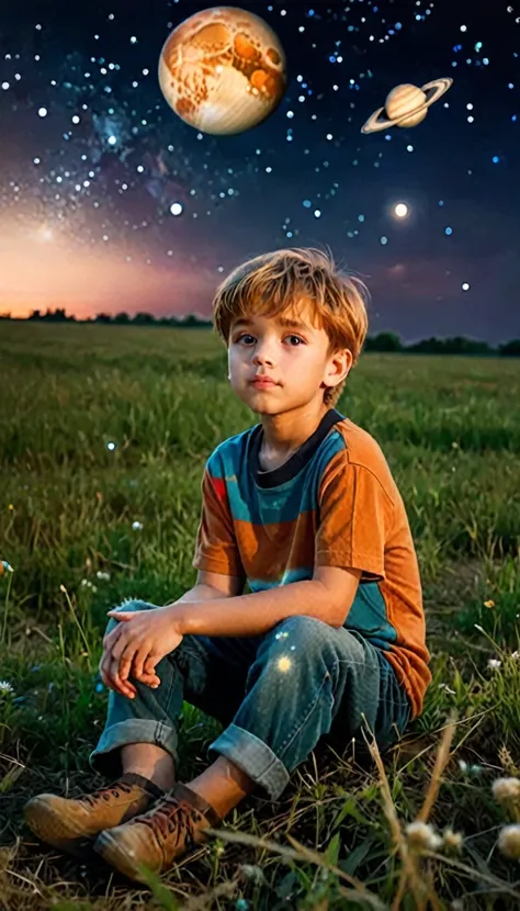 night sky, planets, boy with dreamy look, sitting in the field.