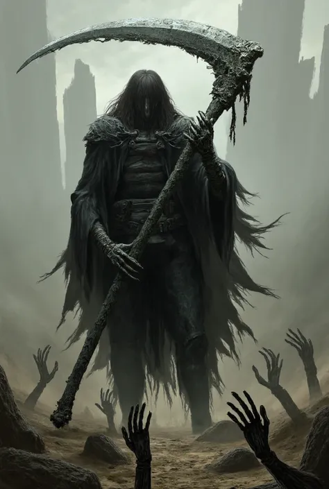 A dark-haired necromancer with a large bone scythe