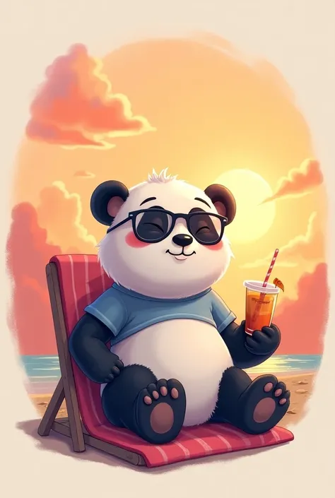 panda bear cartoon with glasses ,  t-shirt and drink in hand ,  sunbathing on a sunset background with watercolor colors, In a circle 