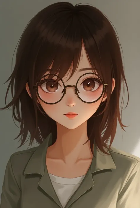 A short girl,  with bright and beautiful eyes, with glasses, and straight brown hair , a beautiful girl