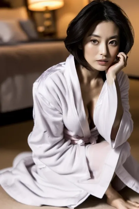 (( best quality)), ((masterpiece)), (((Ultra fine)))、(Photo taken by a professional with Leica f1 .4 35mm by pro photographer:1.2) 、(((full body, sitting on floor , noble queen pose :1.3 ))),  dramatic lighting、A dark, heavy and classy ultra-luxury hotel b...