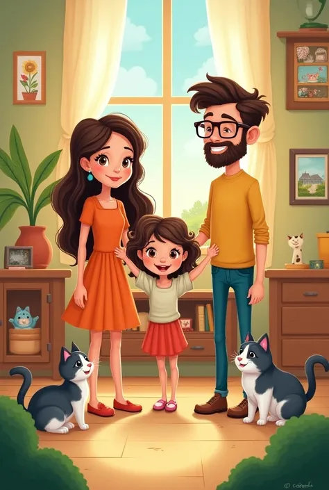 Raising a family in cartoon . The mother has long dark hair and wears glasses.  
The father has dark hair and wears a beard  .  And the daughter is a  with long brown hair. A gray and white spotted cat and another white and black cat. 