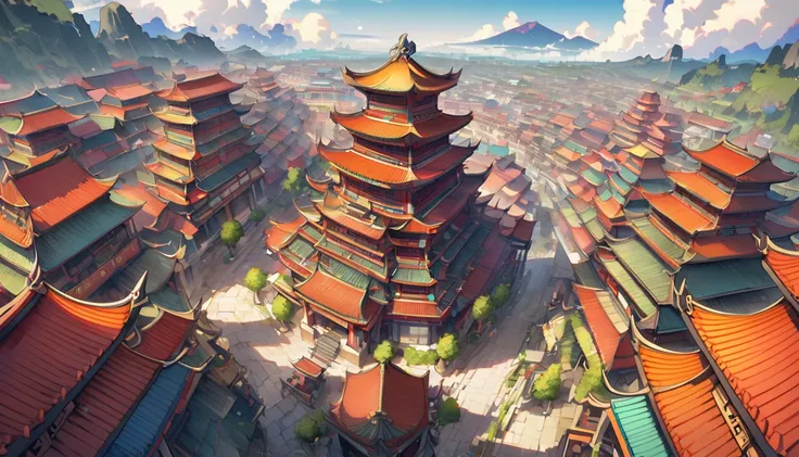 Ancient Chinese Cities 、 dark fantasy、Bird&#39;s-eye view、 colorful 、 Asian Style