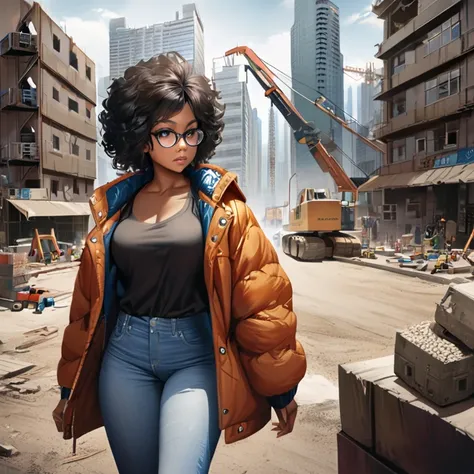 1girl, city,  construction ,  skyscraper, Alone, short straight black hair, bright, breasts,  cityscape, crane, toys, realistic, ,  dark-skinned woman, blue eyes, standing, jacket, cause jeans, glasses, A young girl, afro americano, comics style