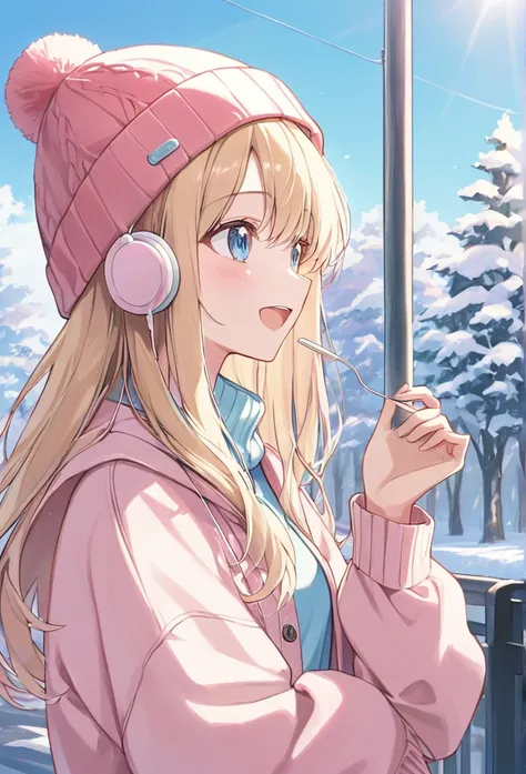 ((pastel))、 one woman,Stylish,Clothes are knitted cardigans, pink knitted hat ,jeans, profile , long hair,Im eating a , Sunny, is laughing, winter, blue eyes, Blonde, Best Quality, Earphones,  cowboy shot,  facing the front 