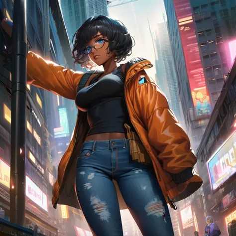 1girl, city,  construction ,  skyscraper, Alone, Cyberpunk short black hair, bright, breasts,  cityscape, crane, toys, realistic, ,  dark-skinned woman, blue eyes, standing, jacket, cause jeans, glasses, A young girl, afro americano, comics style