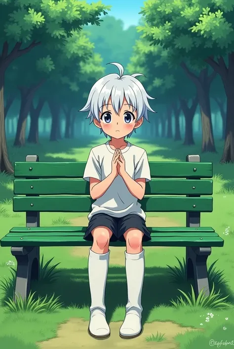 Make me an anime image of a white boy with black hair sitting on a green bench ,  put on long white boots and I want the boy to join the two ends of the boots together and I want the tips of the index fingers to touch each other making an anime position th...