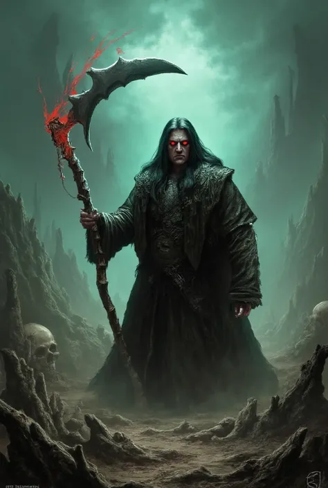 A necromancer with red eyes and black hair with a large bone scythe