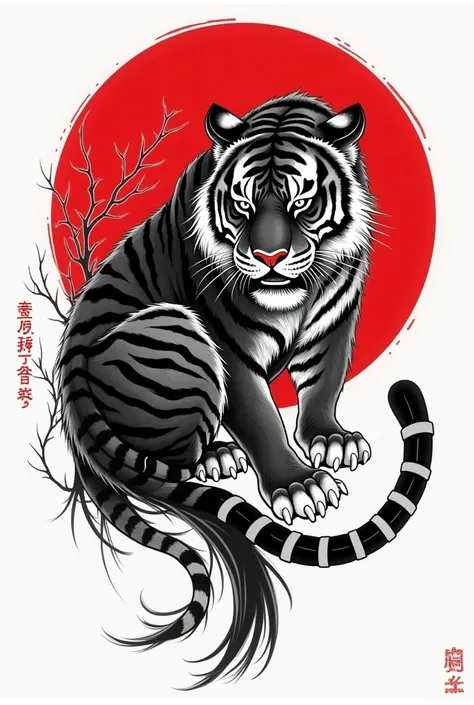 a tattoo decal, estilo black work e fine line,  with the symbol of the whole tiger inside the red circle of Shotokan karate and the kanjis of Shotokan karate, with a black belt tied around everything  