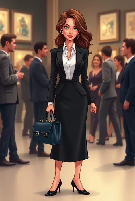  I need a woman dressed who is a full-body cartoon type ,  someone happy to wear the elegant style .  image of someone who goes to an exhibition or a formal event as an exhibitor while maintaining their style,  with closed but formal shoes and with a sack ...