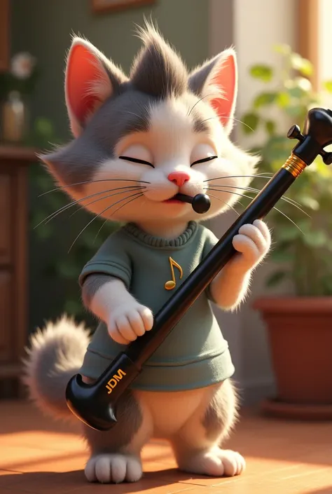 A Pixar-style female cat, standing confidently while playing a big tin whistle, that resembles an even, very long black tube with a mouth piece, a whistle that is thin from top to bottom, with the elegant letters in gold: "JDM" as Brand in contrasting colo...