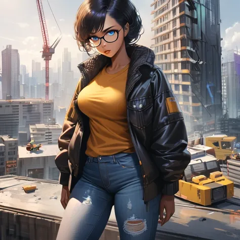 1girl, city,  construction ,  skyscraper, Alone, Cyberpunk short black hair, bright, breasts,  cityscape, crane, toys, realistic, ,  dark-skinned woman, blue eyes, standing, jacket, cause jeans, glasses, A young girl, afro americano, comics style