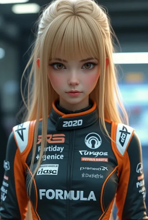 Blonde princess with bangs in her hair with brown eyes wearing Formula E pilot outfit 