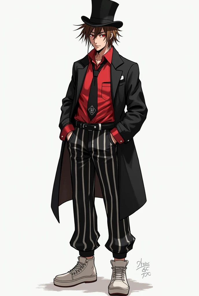 Male character messy brown hair top hat red shirt with tie black jacket and black pants with white stripes and white shoes earphones on the neck 