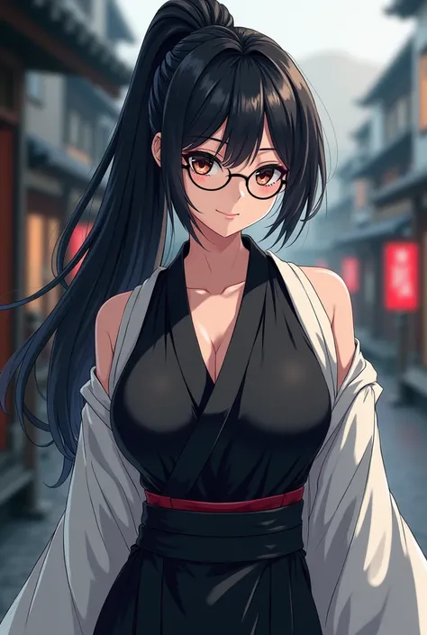 An adult woman with long black hair tied by a ponytail , has dark eyes and wears round lenses
She has a sensual figure with big breasts hidden in her clothes
She wears a black yukata that covers her entire body tight with a white haori
She is smiling

In J...