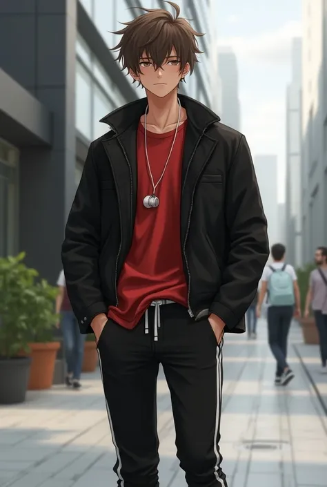 Male character messy brown hair red shirt with tie black jacket and black pants with white stripes and white shoes earphones on the neck 