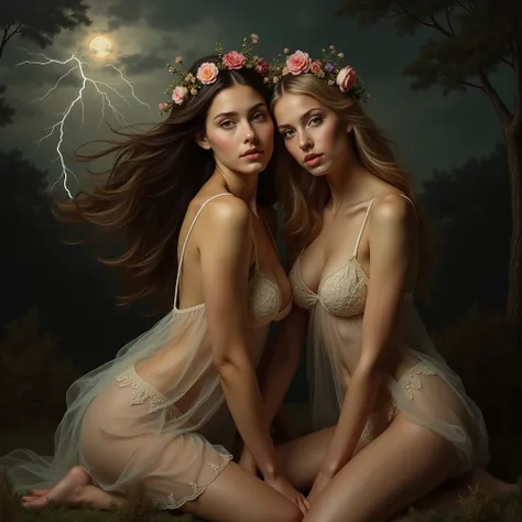 TWO VERY BEAUTIFUL womens 16 OLD
AGE, PERFECT EYES, (((eyes fully detailed)))
((REAL woman)
((REALISTIC HAIR)) (ANGELIC FACE )))
Reinassance old,roberto ferri style, dark night sky, un dark clouds, sensual wild woman, VER, windblown hair, (dramatic light c...