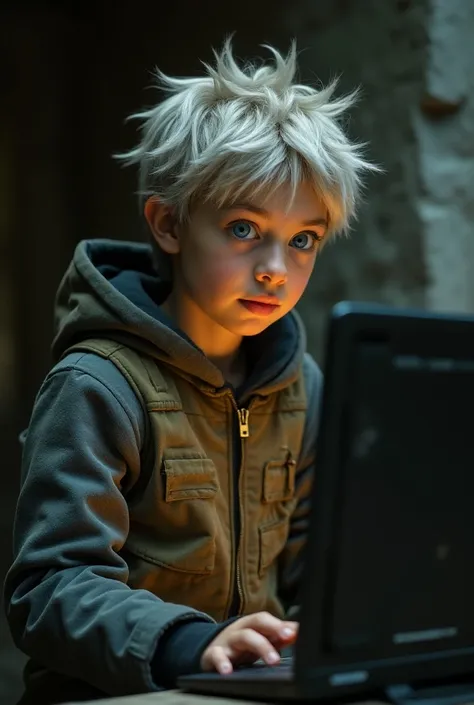  laptops Close-up of an improved masterpiece:1.5) ( Messy silver hair:1.1) (heterochromia: xanthochromia and blue eyes:1.2)  (A radiant glow:1.1)(Inhabitant of the Vault Fallout costume) (man)(19 year old boy)