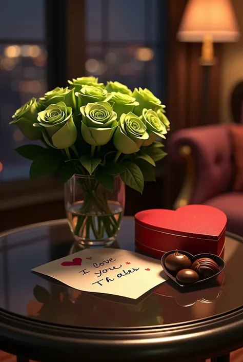 Create an image of a bouquet of green roses , next to a heart-shaped box of chocolates ,A note written “I love you Thalles” on a glass table in a luxury hotel room,at night 