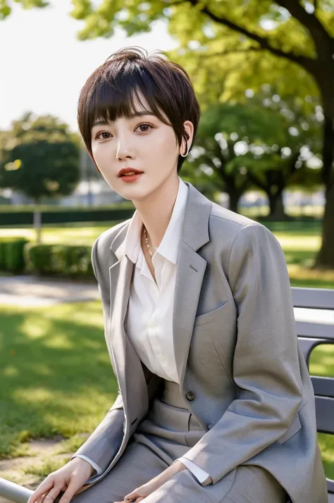 a woman aged 28 who is sitting on the bench at the park is the most beautiful actress, short hair cut to above ears as a man, suit and tie, nsfw, best quality, highly detailed, masterpiece, ultra high res, photo realistic, 8k, RAW photo