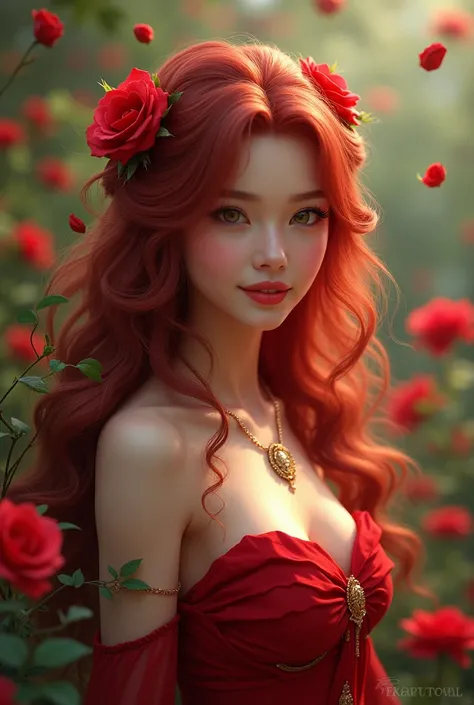 The personification of a beautiful rose, a red rose, long hair, a smile 