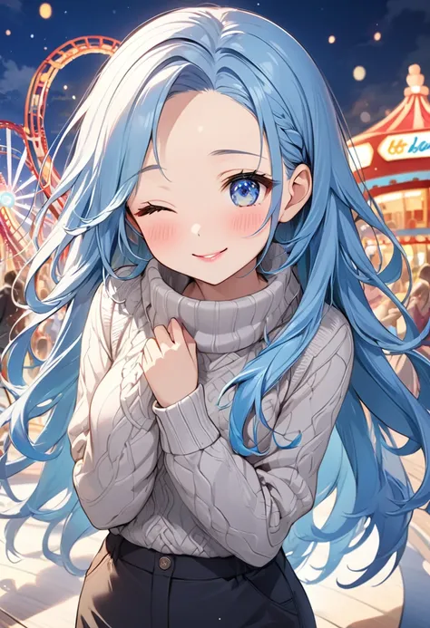 (panoramic), (cute and delicate), (immensely beautiful illustration), (Alone,  front), (beautiful forehead) (beautiful vivid blue hair beauty long hair), (best cute girl), (best cute blue eye and one closed eye) (cute glossy lip), (Its cute and tehepero) (...