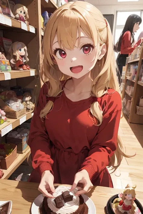 1 female, as a , red long sleeve dress, blonde long hair, rosa cheeks, younger body, doll store, happy face, playing a dolls, open mouth, chocolate cake