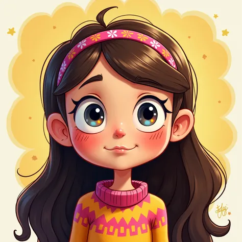 Mabel girl from gravity falls with big round eyes,  in a bright sweater with a funny ,  with long brown hair , headband .  