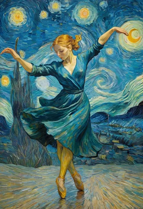  A contemporary female dancer moving fluidly through a series of expressive poses. Incredible oil painting . Dough. Van Gogh&#39;s brushstrokes