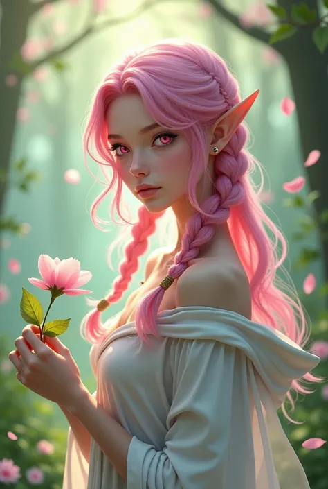 score_9, score_8_up, score_7_up, (masterpiece, UHD, 8K, 16K, ultra detailed), wallpaper, sfw, upperbody shot, 1girl, elf, pink eyes, two side braided hair, pink hair, holding a pink flower, white dress with hood, intricate details, (murmuring flower petals...