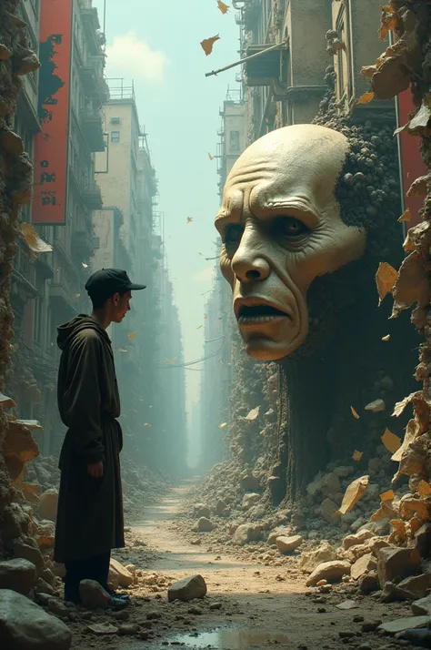  Imagine a surrealistic representation of reality as a deformed stage. in the foreground,  a human figure or a mask with an expression of disdain or confusion ,  looking at a chaotic and distorted urban landscape .  The city or environment could be represe...