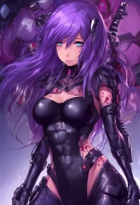 A cute woman (violet hair, violet eyes, sexy violet body suit extremely revealing, some electronic components on the suit with lit displays, laser pistol, chain sword (chain saw bladed sword makes a real bloody mess of foes)), role of space pirate captain,...