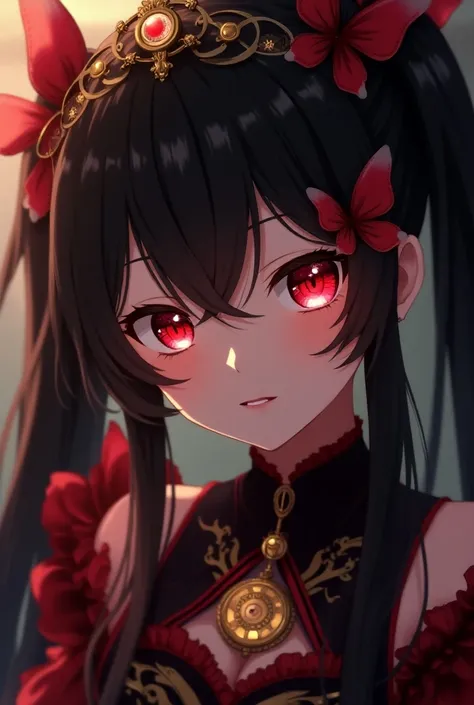  you can create Kurumi Tokisaki on unreal engine with the left eye shaped like a gold watch,  Red right eye , with Astral Lolita clothes in black and crimson with butterfly ruffles , with long black hair with pigtails  