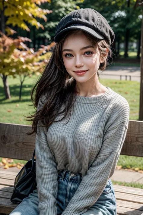 She has a black cap on her head, she is dressed for autumn, she is drinking takeaway coffee in a park with autumn leaves, she is sitting on a wooden bench, she is photorealistic, she has fair and smooth skin, grey-blue eyes, beautiful face, sensual lips, s...