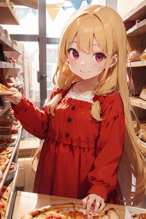 1 female, as a , red long sleeve dress, blonde long hair, rosa cheeks, younger body, doll store, happy face, playing a dolls, smile, pizza, soda