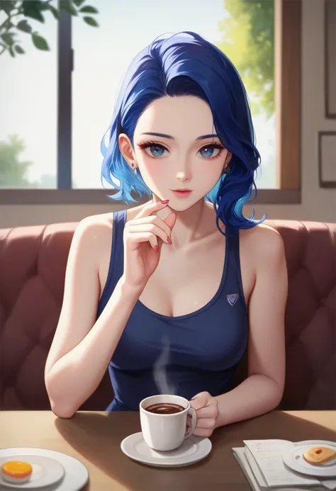  Korean woman drinking coffee while sitting at a table in a cafe、Photos of Lee Gahyeon。Window sunlight ,  blue hair ,  dynamic pose ,  skin texture, Pale skin, shiny skin, (slim,  smaller:1.2), [:(Face with sharp focus ,   detail face touching the kinky ar...