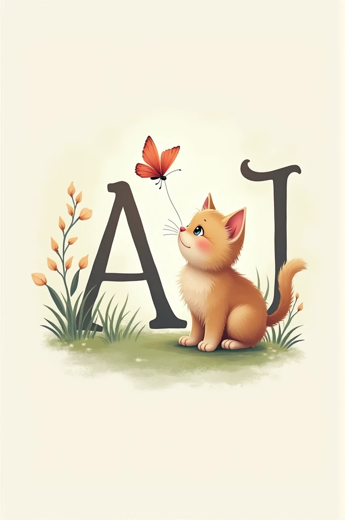 A logo containing the letters A and J and a cat which a butterfly puts on its nose