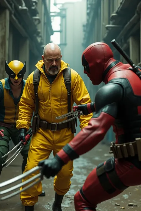 Walter White fighting Deadpool and Wolverine 
