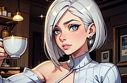 (1 woman) with beautiful detailed eyes, beautiful detailed lips, extremely detailed face and features, longeyelashes, (Gray eyes with silver sparkles)  [brown skin] White hair (layered bob with side parting) Hair gathered on the left ear, one hand ((correc...