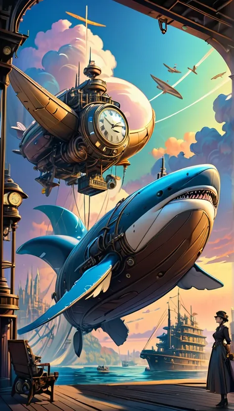 Rainbow colors、Rainbow colors mechanical flying whale, Steampunk,  Dieselpunk, clockpunk, Mysterious color scheme, Twilight light effect, Conceptual installation fantasy art, 2.5D, delicate and dynamic、16k, Ultra-high resolution, Ultra-high resolution, to ...