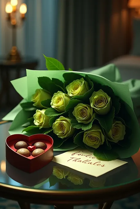 Create image of a bouquet of green roses wrapped in green tissue paper, next to a heart-shaped box of chocolates ,A note written “I love you Thalles” on a glass table in a luxury hotel room,at night 