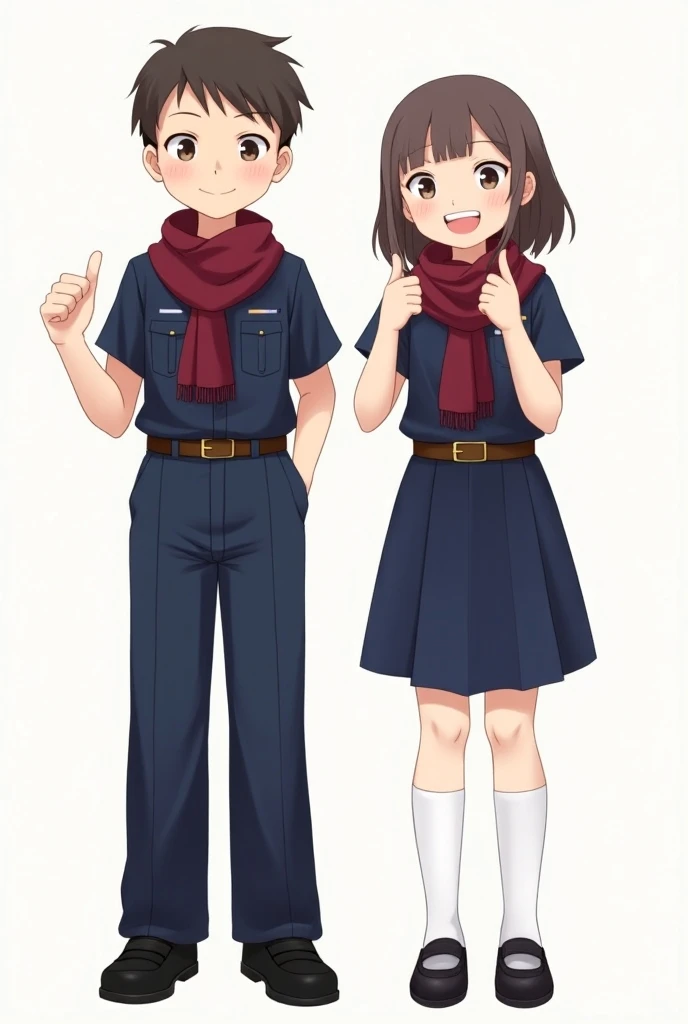  Two happy young people giving a positive sign ,  boy in a navy blue uniform wearing long pants and a short sleeve shirt with a burgundy scarf around his neck, brown belt with gold buckle ,   in a navy blue uniform with a short sleeve shirt and a skirt abo...