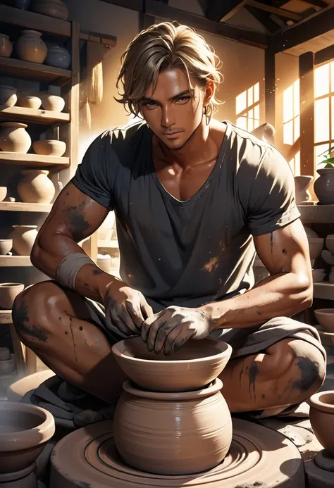 Dynamic lighting, adult male, sitting at pottery wheel, dirty with clay, dark blonde hair, tan skin, dirty but comfortable clothes, lean physique, hazel eyes, transparent ghost in the background