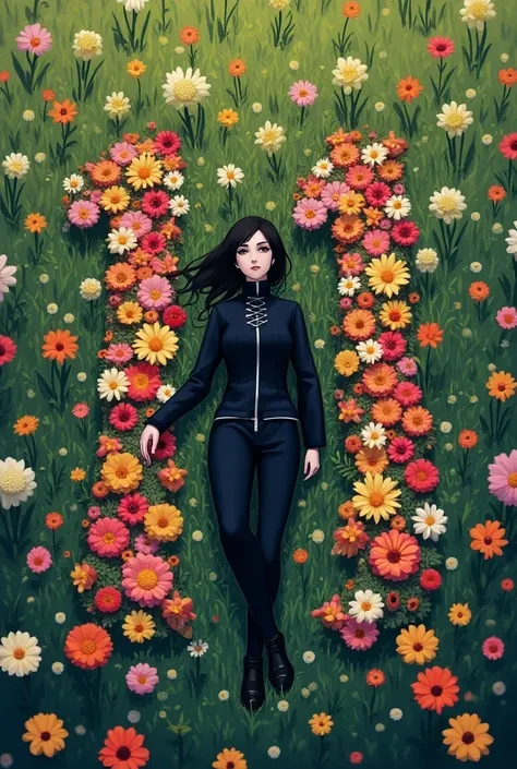 Animate flowers in the field ,  with an angle from top to bottom , Goth lying down,  under a number 11 written by flowers.