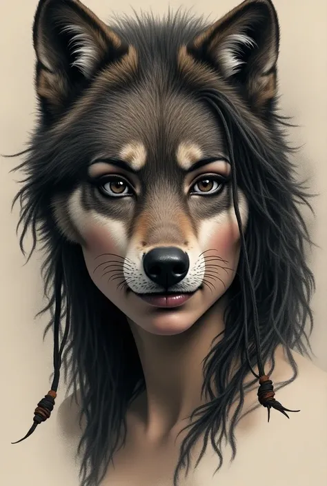 Create a realistic tattoo design of an indigenous woman with the face of a wolf 