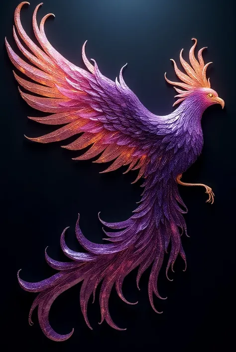  Create a sequin application in the shape of a Phoenix bird that is colored: # 251D35 , # 2E1E4F , # 503C79 , # 4F3B78 , # 806FA3 , # 947FC1 , # 53256A , And that it has a little bit of the color #FFAA0   
